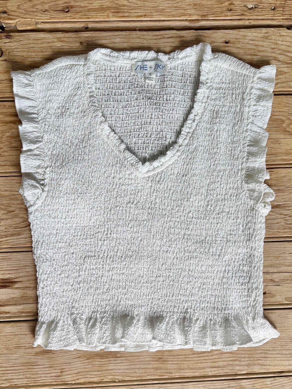 She + Sky White Smocked Ruffle Top Small Boho Cottagecore Festival Coquette